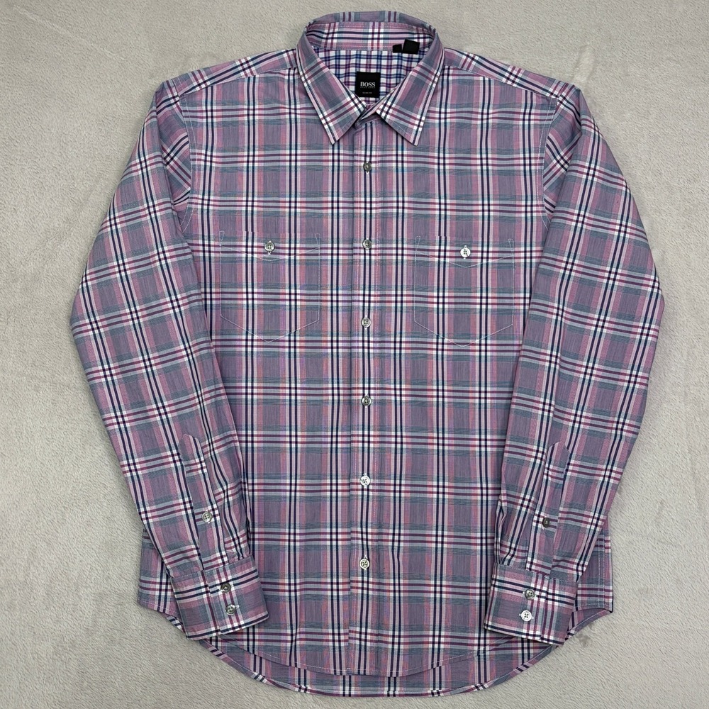 Boss Hugo Boss Slim Fit Purple Plaid Poplin Spread Collar Shirt Marcello Large